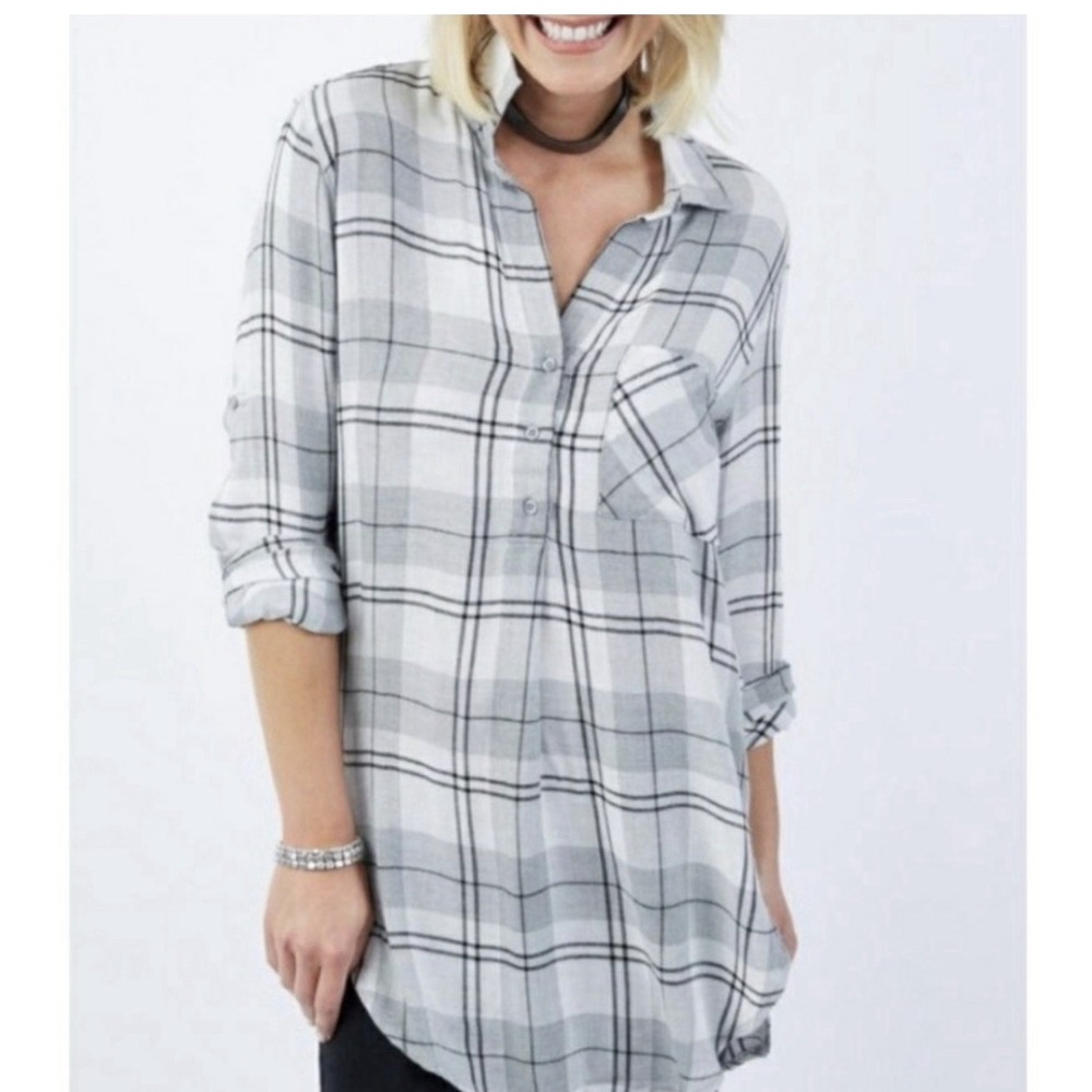 CLOTH & STONE Sz L FLANNEL PLAID LONG BUTTON FRONT SHIRT Blue Gray Oversized